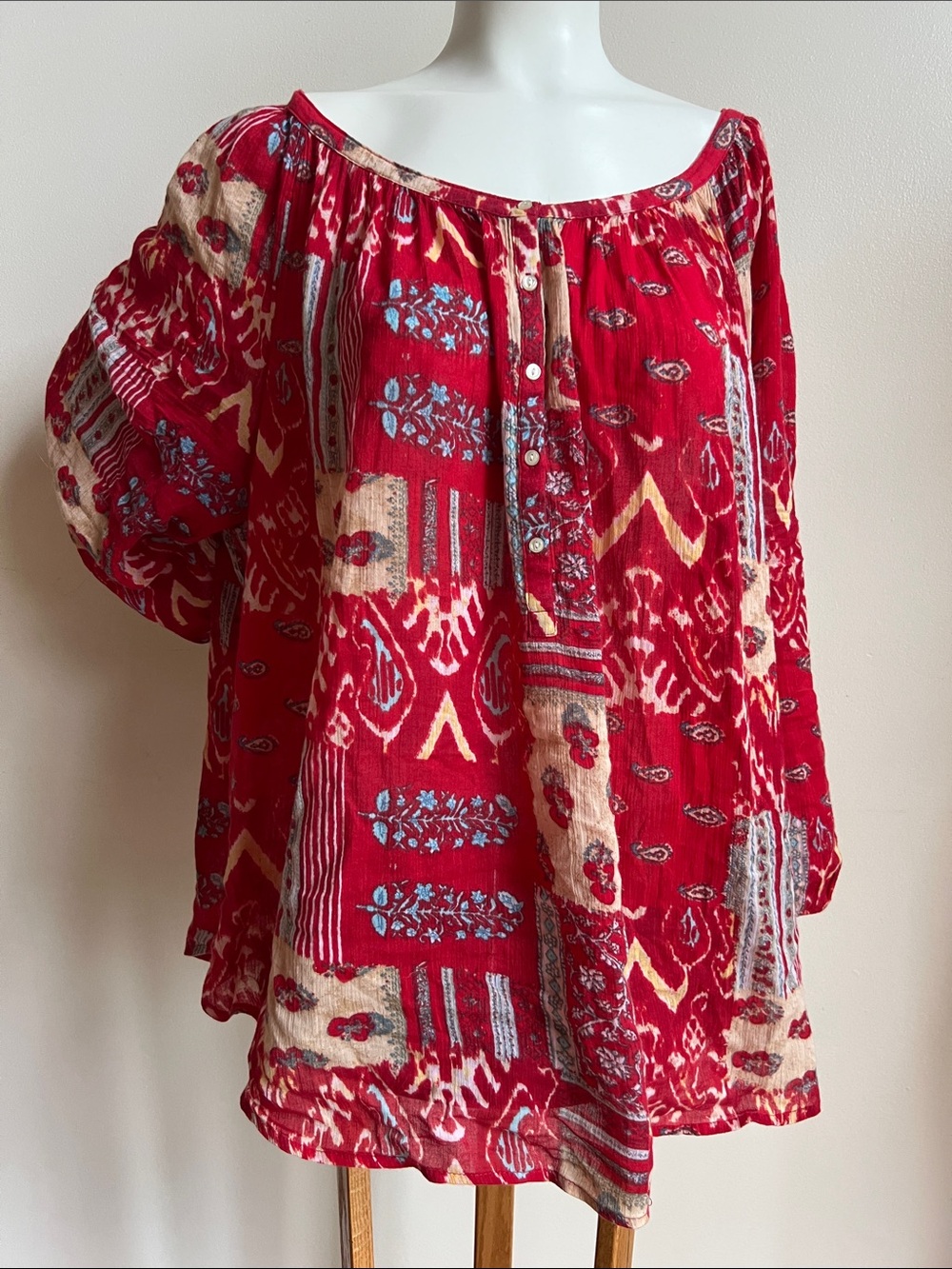 Red Patterned Boho Tunic Top - Unbranded